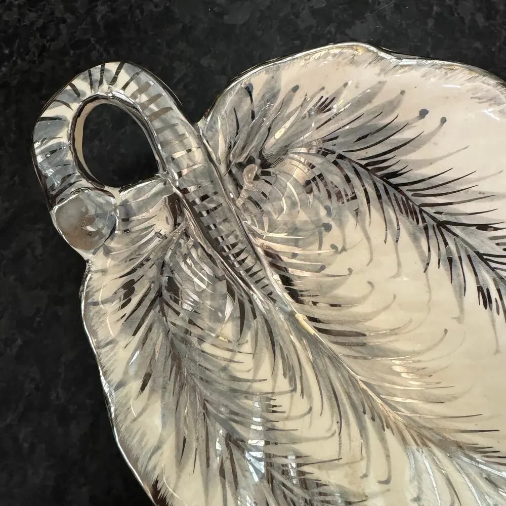 Vintage Italian Pottery Double Leaf Dish Bowl Silver Vein Handle Mid Century